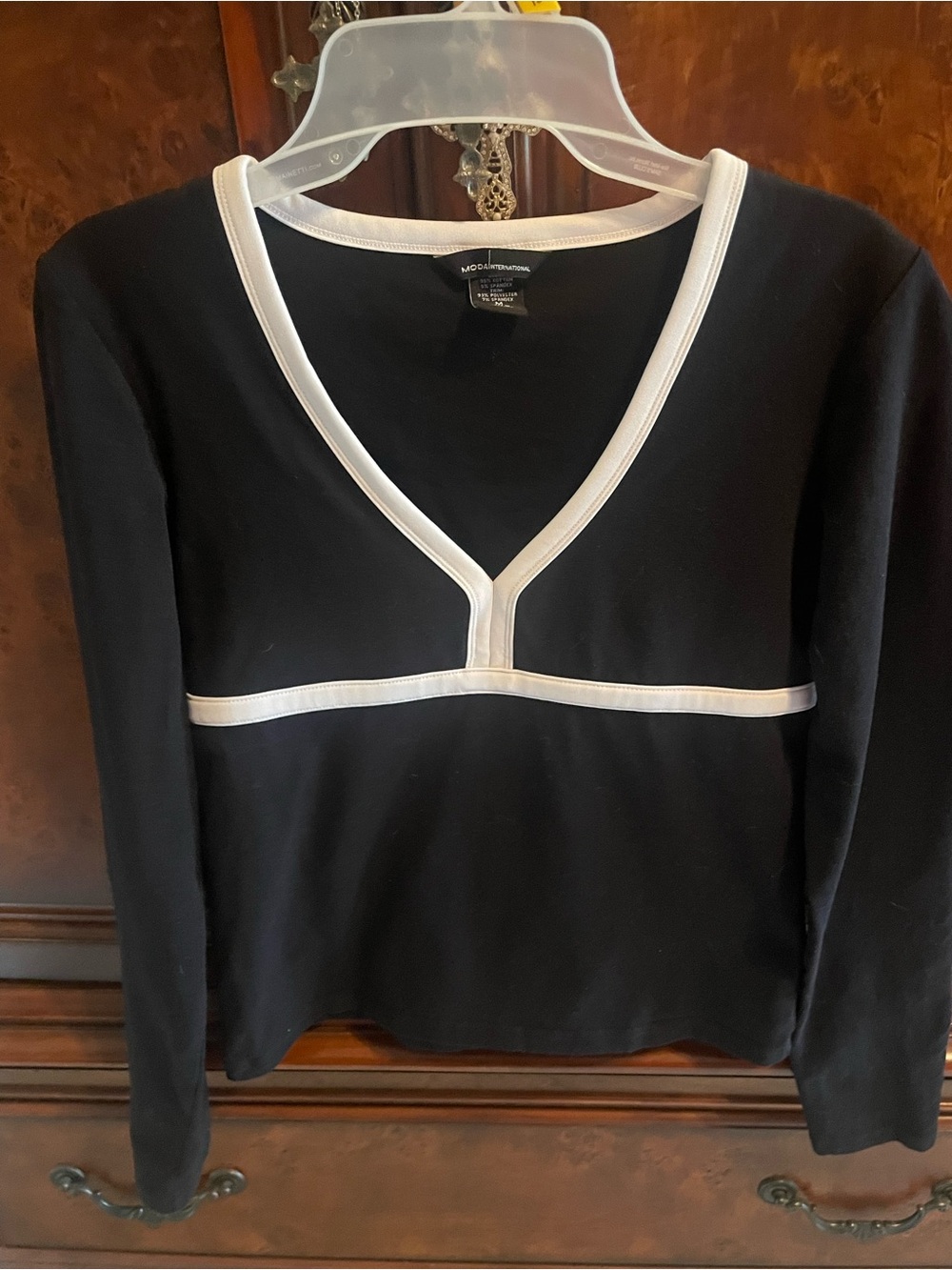 Moda International Black Long Sleeve V-Neck Top with White Trim